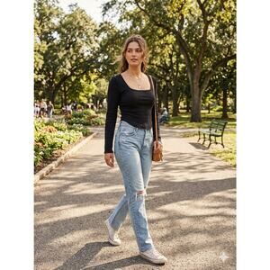 We The Free Black Ribbed Square Neck Long Sleeve Knit Top XL EUC